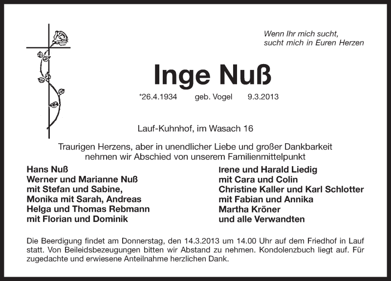  Traueranzeige für Inge Nuß vom 12.03.2013 aus Pegnitz-Zeitung